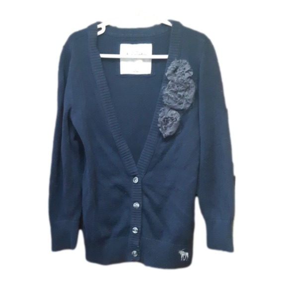 Abercrombie girls size XL cardigan sweater button up navy blue flower details - Picture 1 of 8